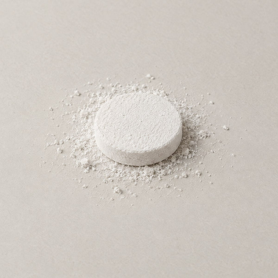 Poudre blanche d'hydroxyapatite à côté d'un galet minéral blanc.