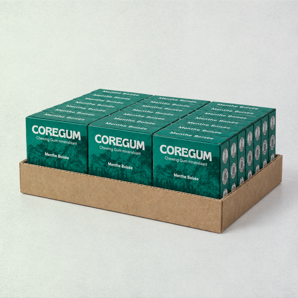 Coffret de 24 boîtes Coregum Menthe boisée dans sa barquette kraft