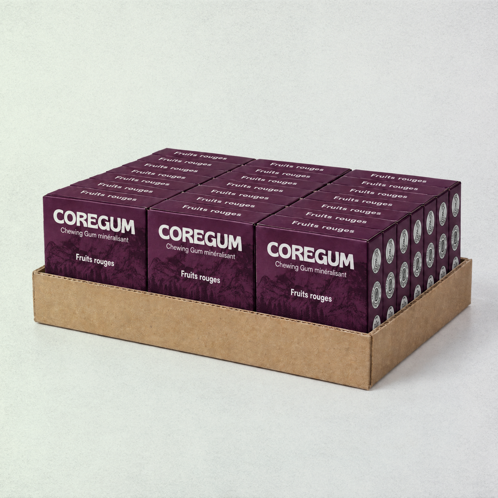 Coffret de 24 boîtes Coregum Fruits rouges dans sa barquette kraft
